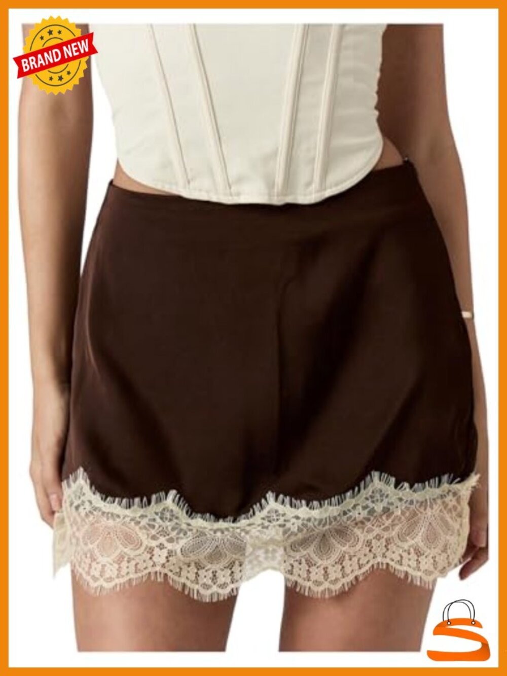 Vintage Lace Trim Satin Mini Skirt High Waist A Line Bodycon